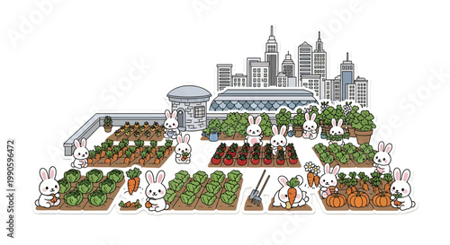 Urban Garden with Rabbits and City Skyline in Background