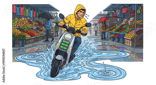 Man riding electric scooter through flooded market street in rain