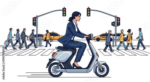 Businesswoman riding electric scooter through city traffic