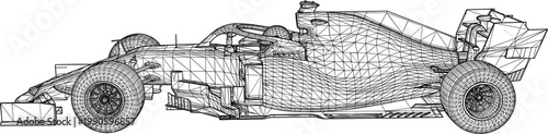 Formula racing car polygon mesh illustration, low poly vehicle model with geometric wire structure for motorsport design and visualization concept