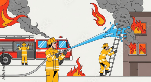 Firefighters battling a building fire with a fire truck and hose.