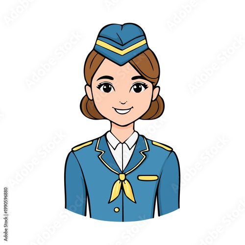 Smiling cartoon flight attendant in uniform with hat and neck scarf