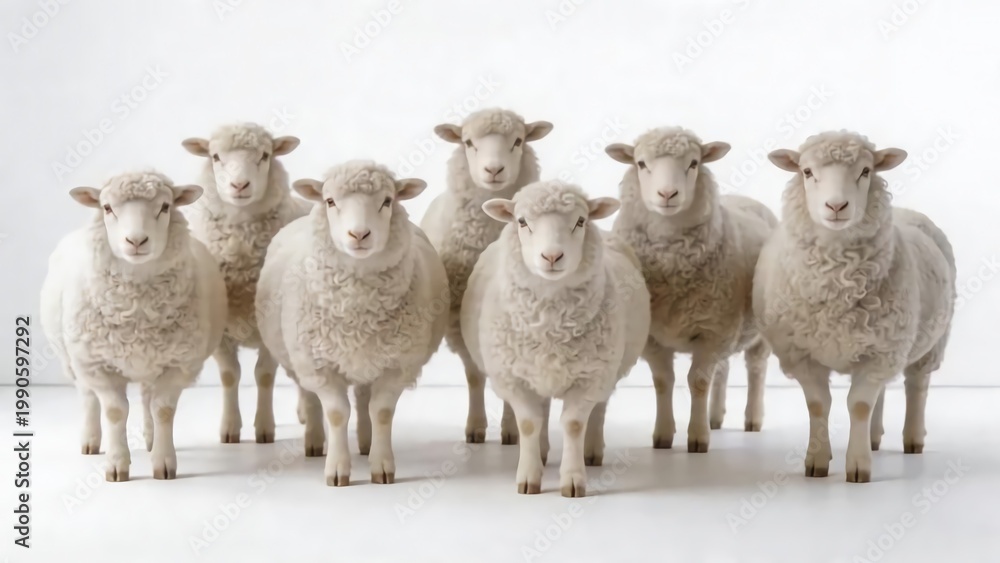 Naklejka premium Seven White Sheep Standing Together
