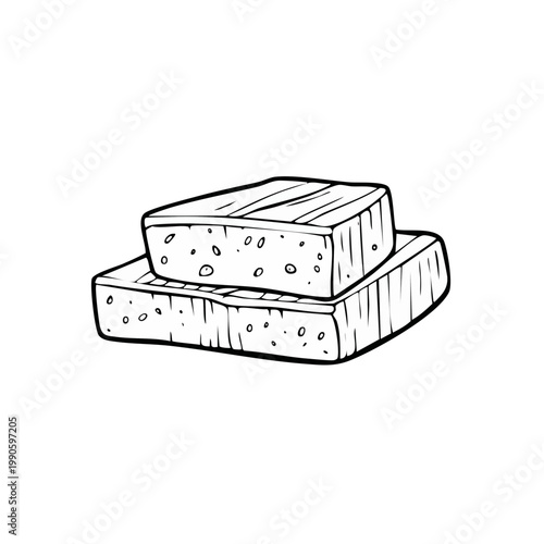 Hand drawn illustration of two stacked rectangular brown sugar cubes with visible texture and porous surface