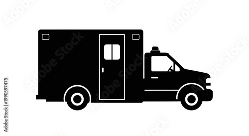 A black silhouette of an ambulance vehicle side view isolated on white