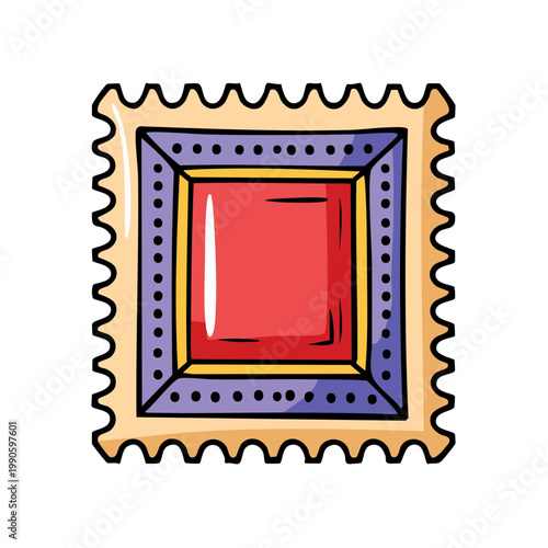 Hand drawn illustration of a colorful postage stamp with red center and perforated edges