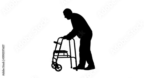 Silhouette of an elderly man using a walker for mobility assistance