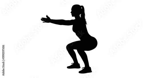 Silhouette of a woman performing a squat exercise against a white background
