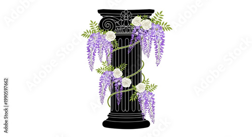 Elegant black column adorned with cascading wisteria and delicate white roses
