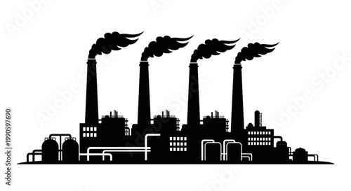 Industrial complex with multiple smokestacks emitting dark smoke plumes