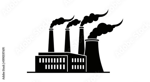 Black and white illustration of factory smokestacks emitting dark pollution