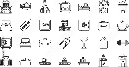 Set of Hotel and Hospitality Icons Featuring Rooms, Services, Reception, and Amenities in Simple Line Art Style