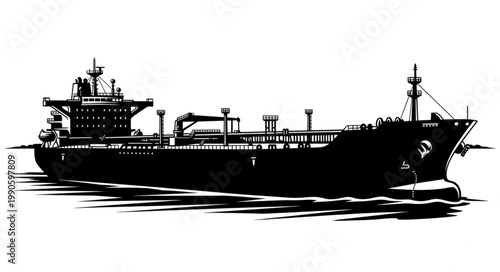 Large cargo ship silhouette sailing on water.