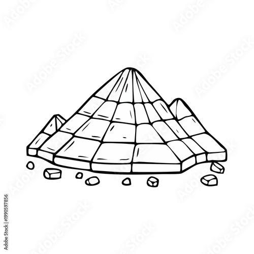Stylized Outline Drawing of a Pyramid Structure with Surrounding Rocks