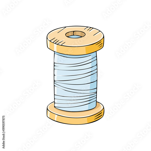 Simple cartoon illustration of a wooden spool of light blue thread isolated on white