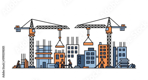 Construction Site with Cranes and Buildings Under Development.