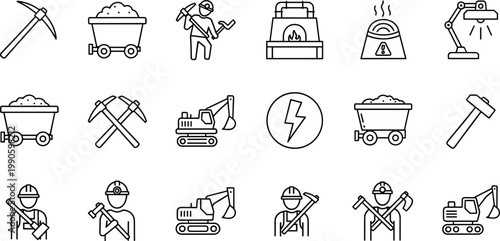 Mining construction icons set workers tools machinery industry outline vector collection minimal modern engineering equipment symbols