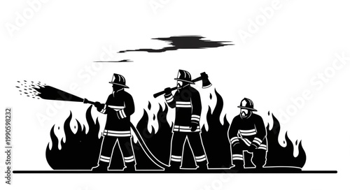 Firefighters battling a large blaze with water and axe.