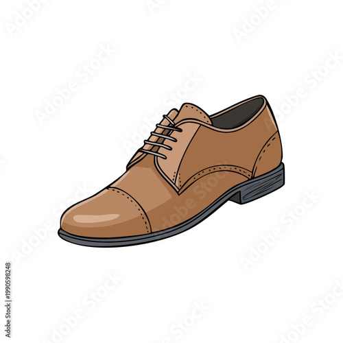 Brown leather lace-up oxford shoe illustration with stitched details and a low heel