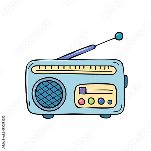Retro blue portable radio with antenna and control knobs cartoon illustration
