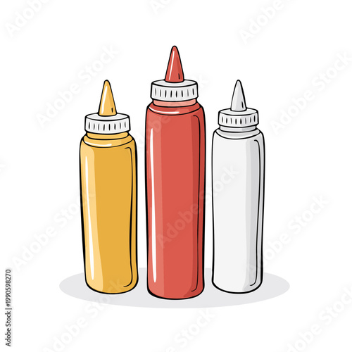 Three condiment squeeze bottles in red yellow and white for ketchup mustard and mayonnaise