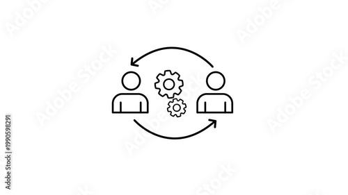 Animated workflow collaboration between two people with gears showing process automation coordination cycle interaction system and continuous improvement concept