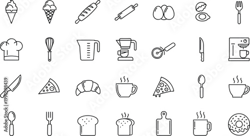 Set of Cooking and Baking Icons Including Kitchen Tools, Appliances, Food, and Beverages in Simple Line Art Style