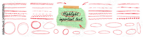 Red pen strokes forming round circle underline shapes with hand drawn doodle arrow elements. Vector kit bundle for highlight text. Rough doodles encircle important notes with strike accents.