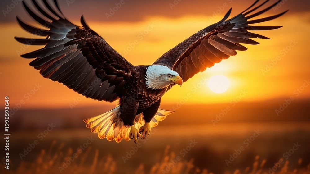 Obraz premium Majestic bald eagle flying in golden sky during glowing sunset.