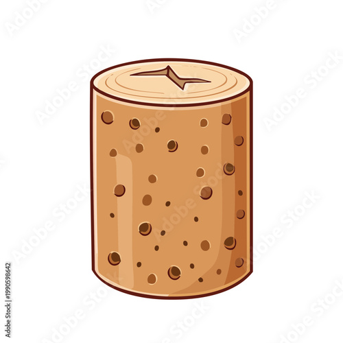 A single cylindrical wine cork with textured porous surface and a V shaped notch at the top