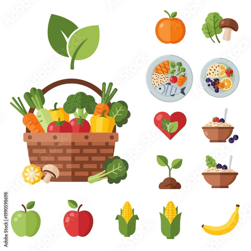 Healthy Food and Nutrition Icons Collection with Fresh Produce.