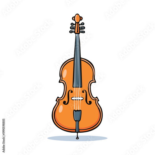 Illustration of an orange cello on its end with a bow resting on strings