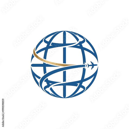Global travel and logistics network with airplane icon.