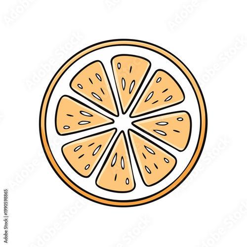 Vibrant orange citrus fruit slice with segmented pulp and cartoon style isolated on white background