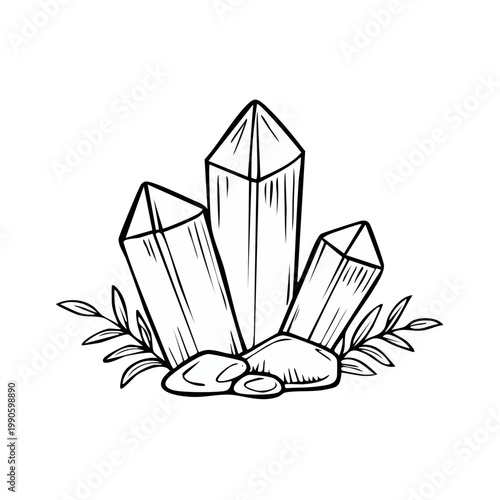 Crystalline Growth with Delicate Foliage and Smooth Stones in Hand Drawn Style