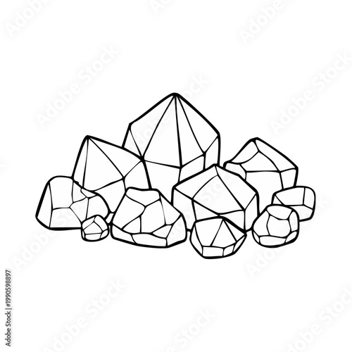 Hand drawn illustration of a cluster of faceted gemstones and rough rocks
