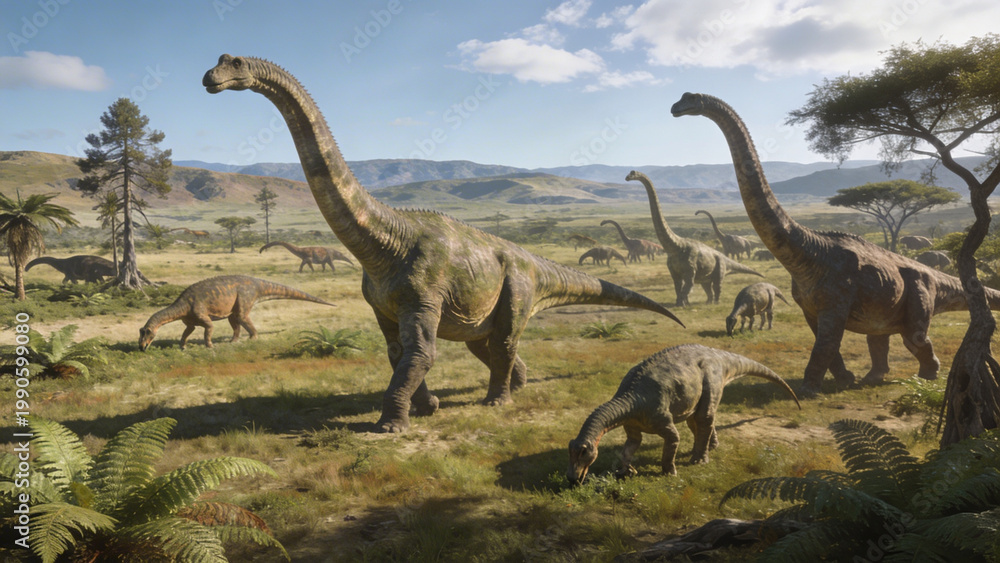 Fototapeta premium Prehistoric landscape with herd of dinosaurs grazing peacefully