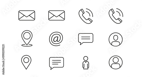 Collection of communication and contact icons in a simple line art style.