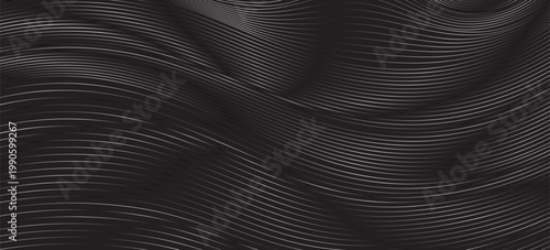 Black abstract background design. Modern wavy line pattern (guilloche curves) in monochrome colors. Premium stripe texture for banner,