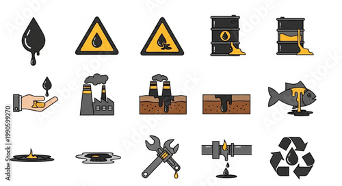 Oil Industry Icons Representing Pollution and Environmental Hazards.