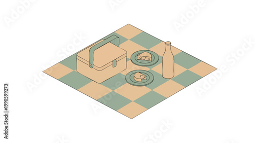 Picnic Basket Food Bottle Set Isometric Illustration for Food & Beverage Marketing