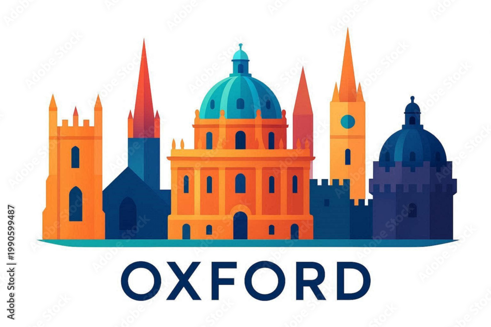 Obraz premium Oxford City Skyline Illustration Featuring Historic University Architecture and Landmarks