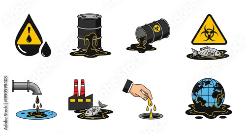 Set of icons representing environmental pollution and industrial waste.