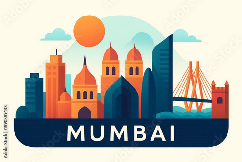 Mumbai India City Skyline Flat Design Illustration - Historic & Modern Landmarks Vector Art