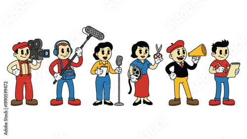 Retro Cartoon Media Production Team Characters Vector Set: Film, TV, Reporting Crew Professions