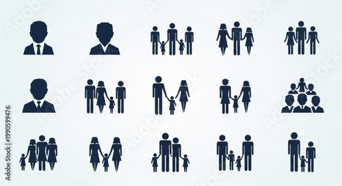 Collection of diverse family and individual silhouette icons representing people.