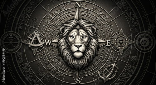 Majestic Lion Head Emblem with Compass Rose and Nautical Symbols.