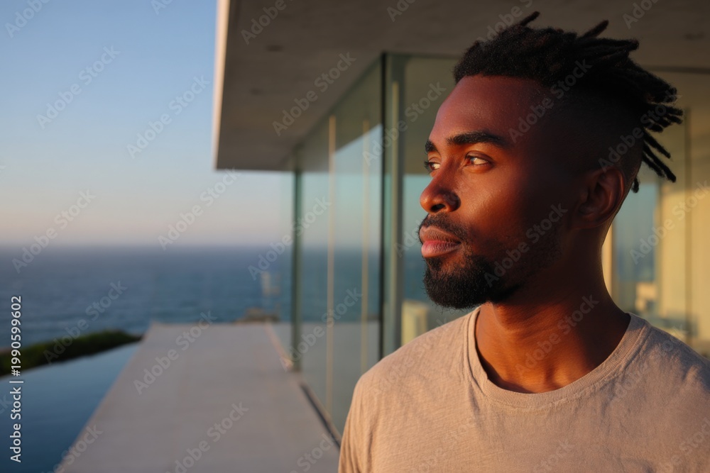 Obraz premium Young african male profile on balcony overlooking ocean at sunset in modern glass house wearing tee shirt, contemplative gaze into horizon, warm golden light