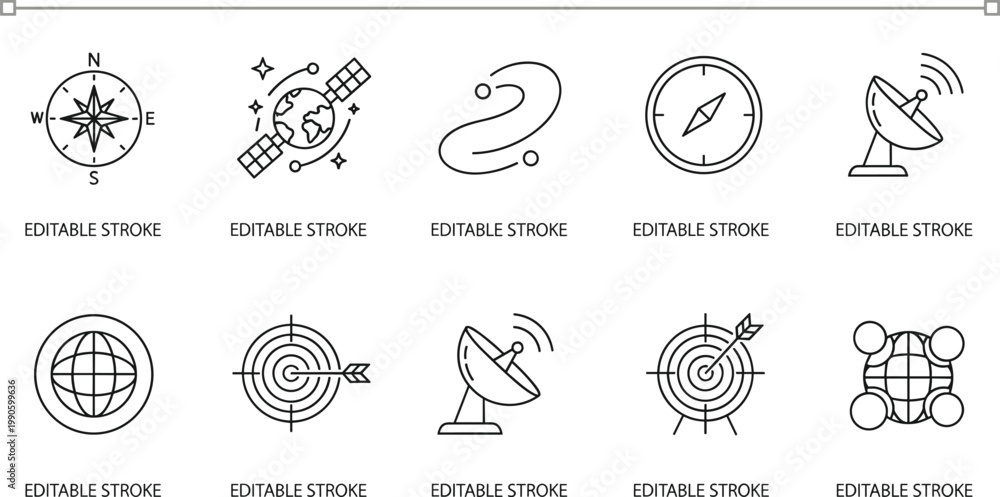 Fototapeta premium Navigation technology line icons set compass satellite radar target globe editable stroke vector collection minimal modern direction symbols