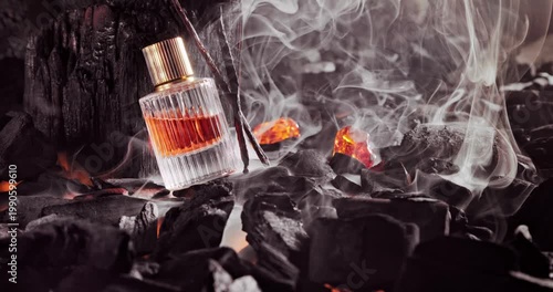 Aromatic incense perfume in translucent glass bottle on coal.
